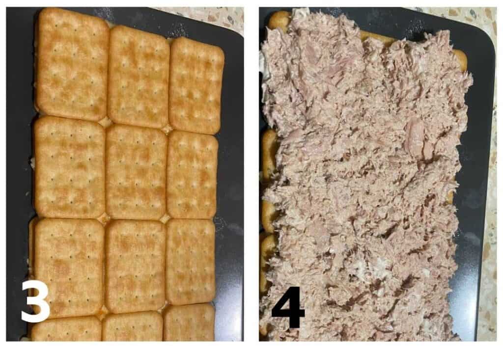 Crackers arranged on a tray in image 3; image 4 shows the same saltine crackers topped with a spread as part of a delicious recipe.