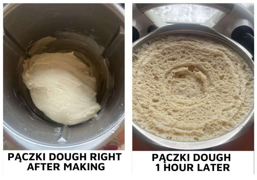 Two images showing vegan pączki dough: the first displays freshly made smooth dough, and the second reveals the dough after one hour, risen and airy in texture.