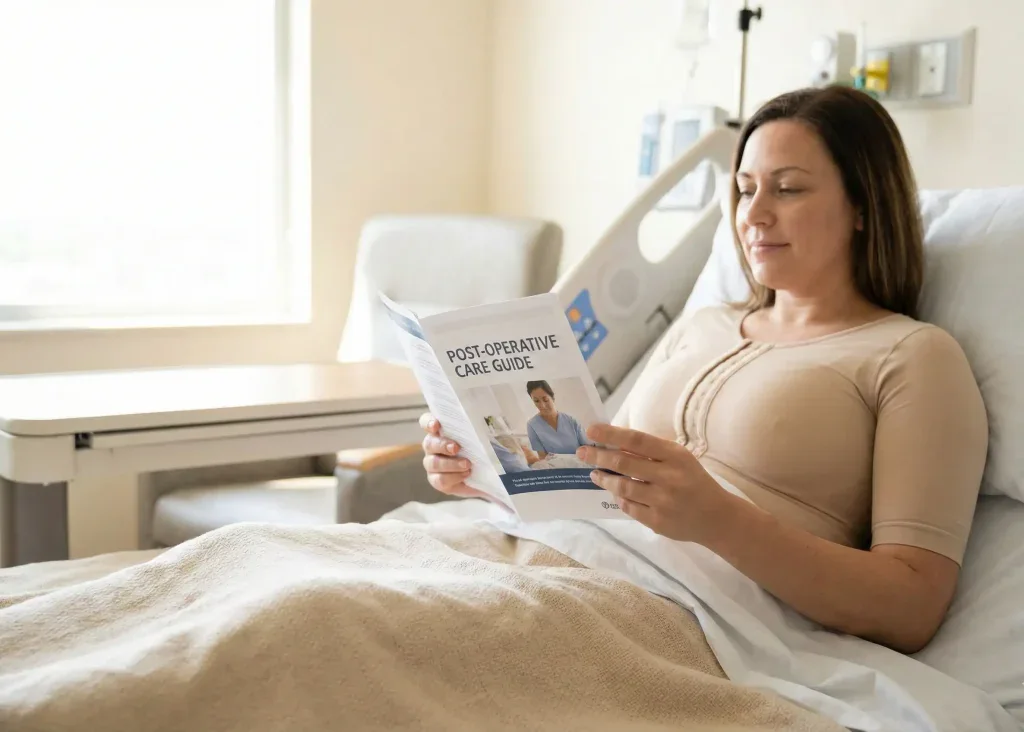 Patientin, die das Nachsorge- und Genesungs-Protokoll prüft