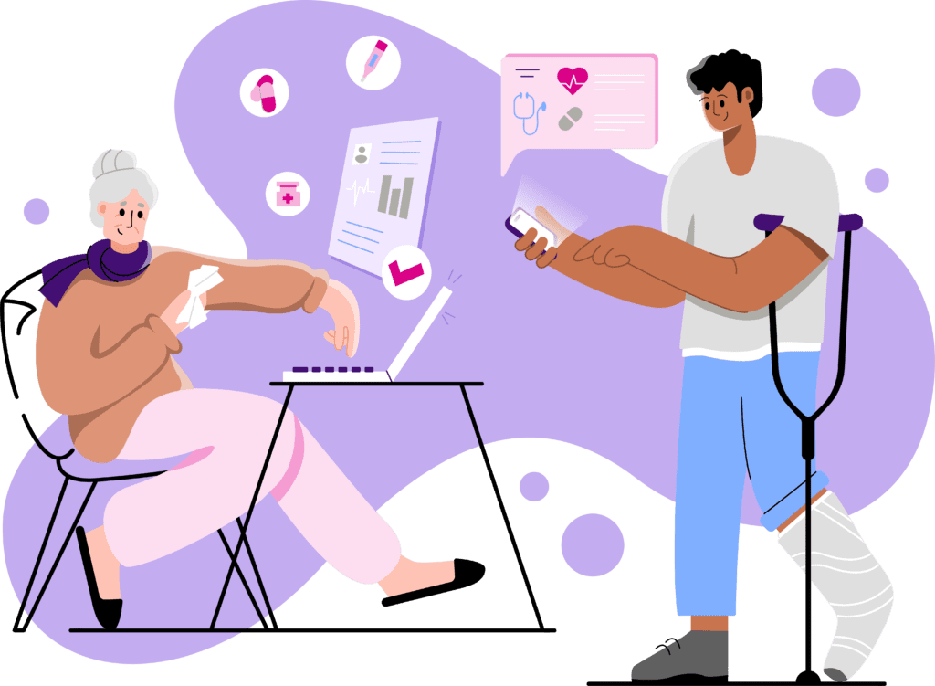 Illustration showing patients using technology to contact their GPs