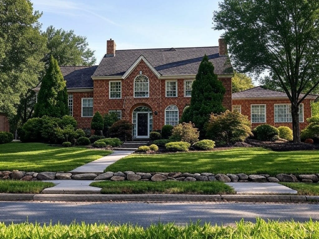 Large two-story brick home with a well-manicured lawn, green grass, neatly trimmed bushes, and a sidewalk in a suburban neighborhood.