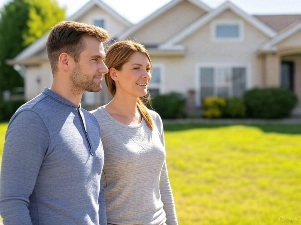 Smiling couple standing outside a suburban townhome, exploring homes for sale in Fargo-Moorhead.