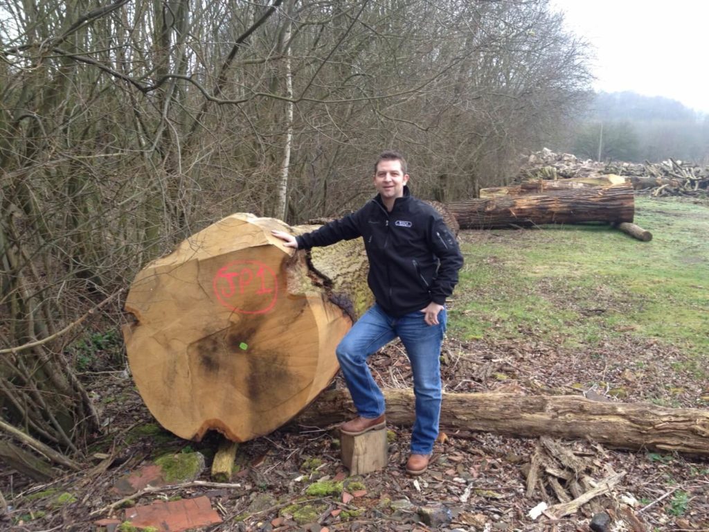 James Iliffe admiring the beauty of an age old oak, felled responsibly for selective natural re-forestry
