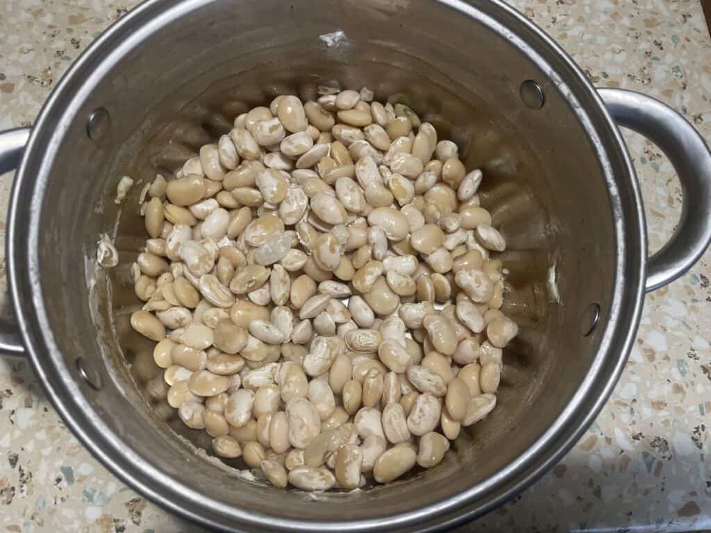 A pot filled with cooked white beans sits on a speckled countertop, ready to be transformed into a creamy Smalec Wegański, the beloved Polish Vegan Lard.