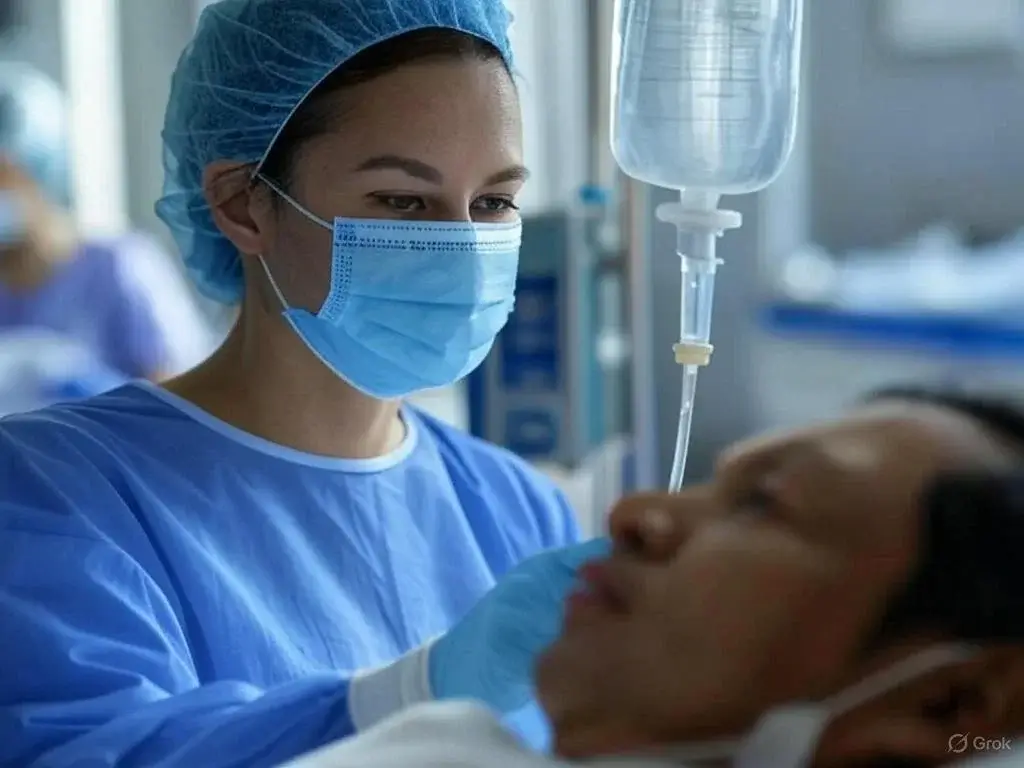 Healthcare worker providing compassionate support to a patient in a hospital environment.