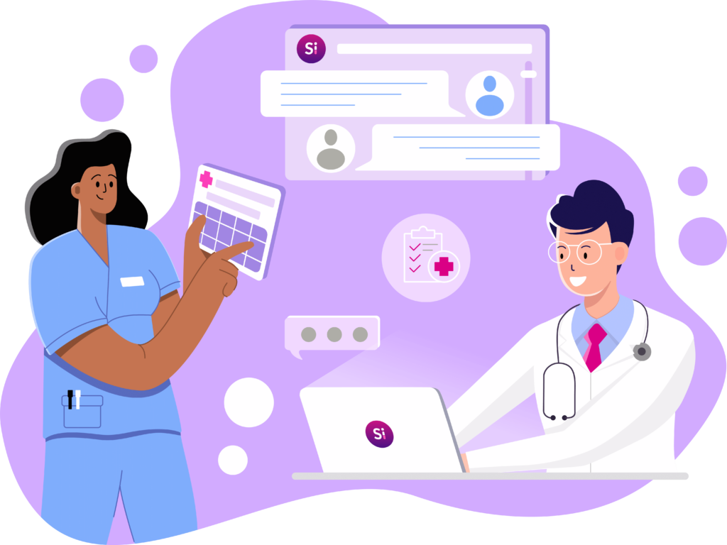 Illustration of a nurse and doctor communicating via technology on the primary care page