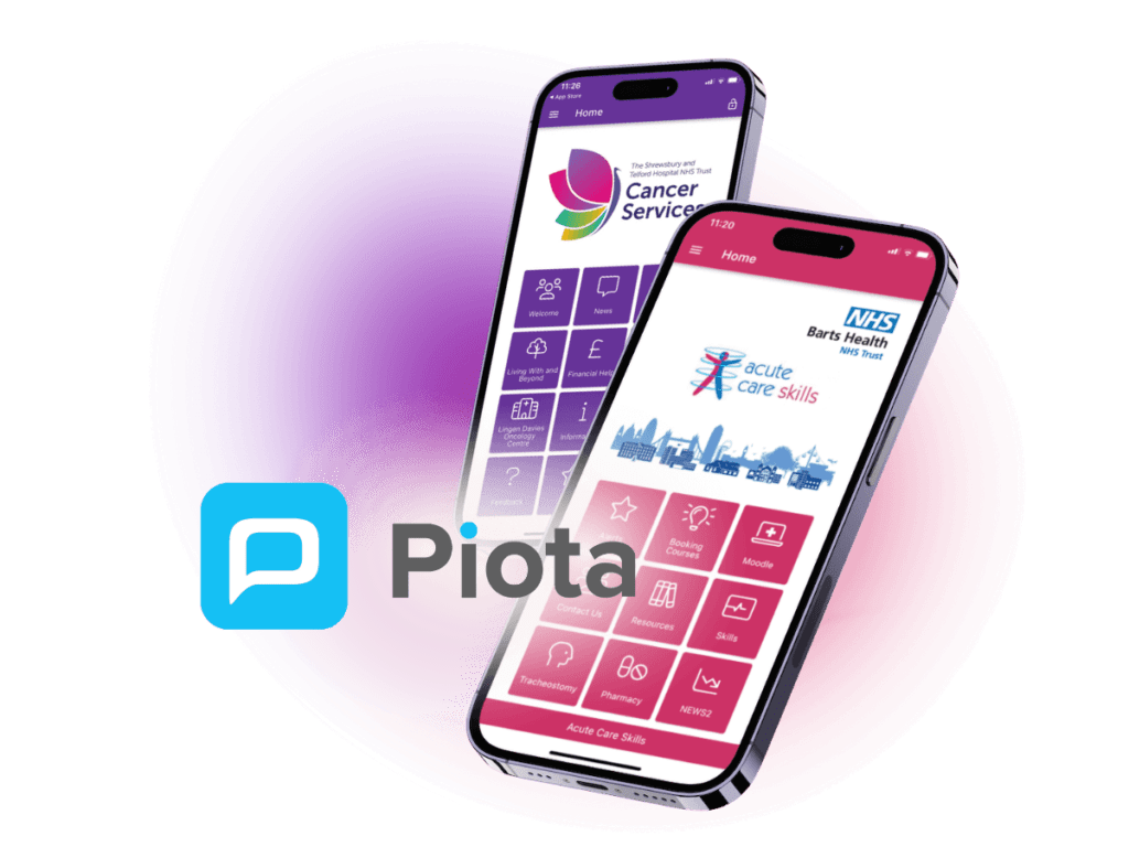 two mobile phones with piota healthcare apps on them