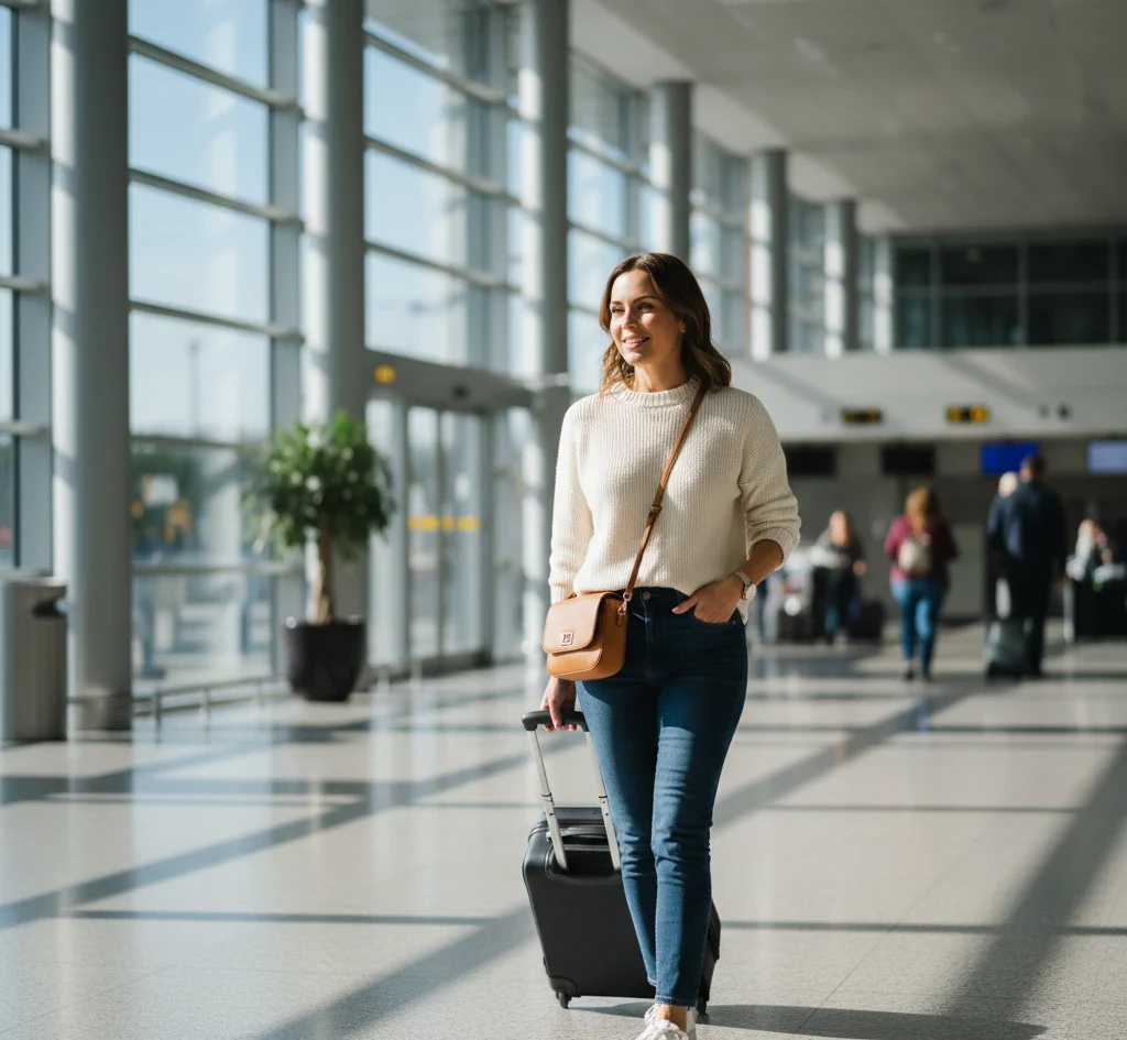 Frau am Flughafen selbstbewusst