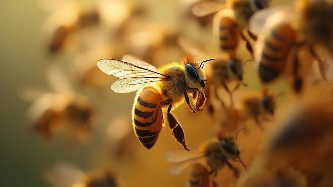 Gros plan sur une abeille jaune et noire sur une fleur floue