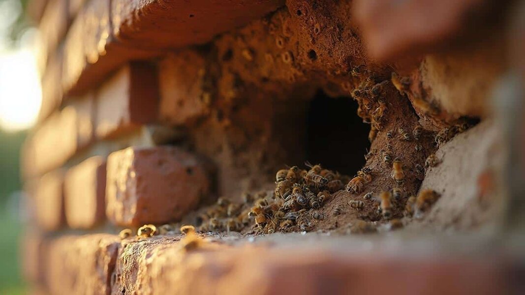 Gros plan sur un nid d'abeilles logé dans les fissures d'un mur en pierre