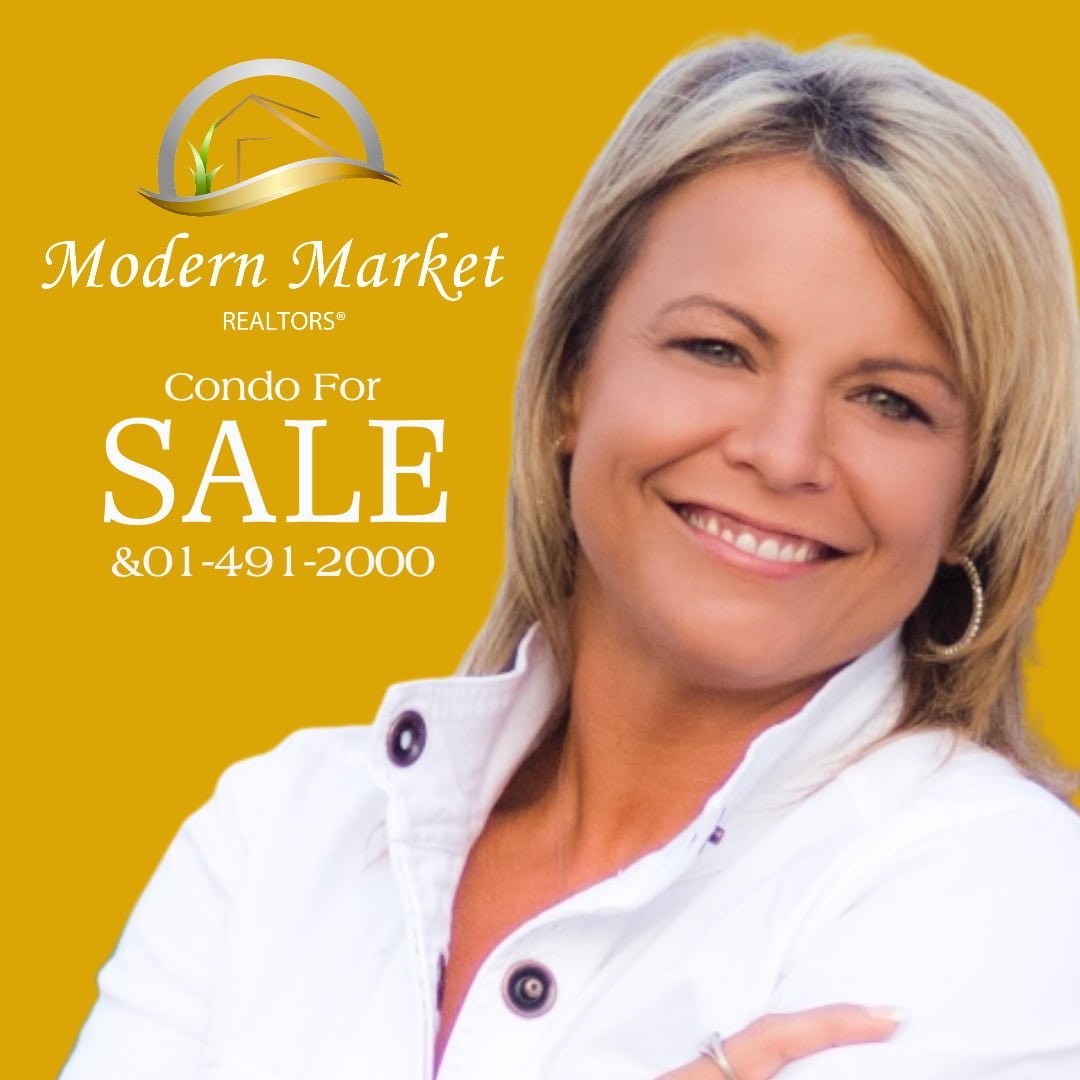 Modern Market REALTORS® logo and ‘Condo For SALE’ text with phone number alongside a smiling portrait of Shannon Barnum against a gold background.