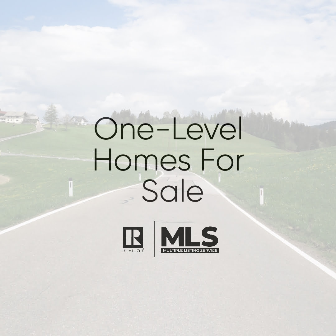 Road leading through countryside with text overlay: "One-Level Homes For Sale" and REALTOR® and MLS® logos