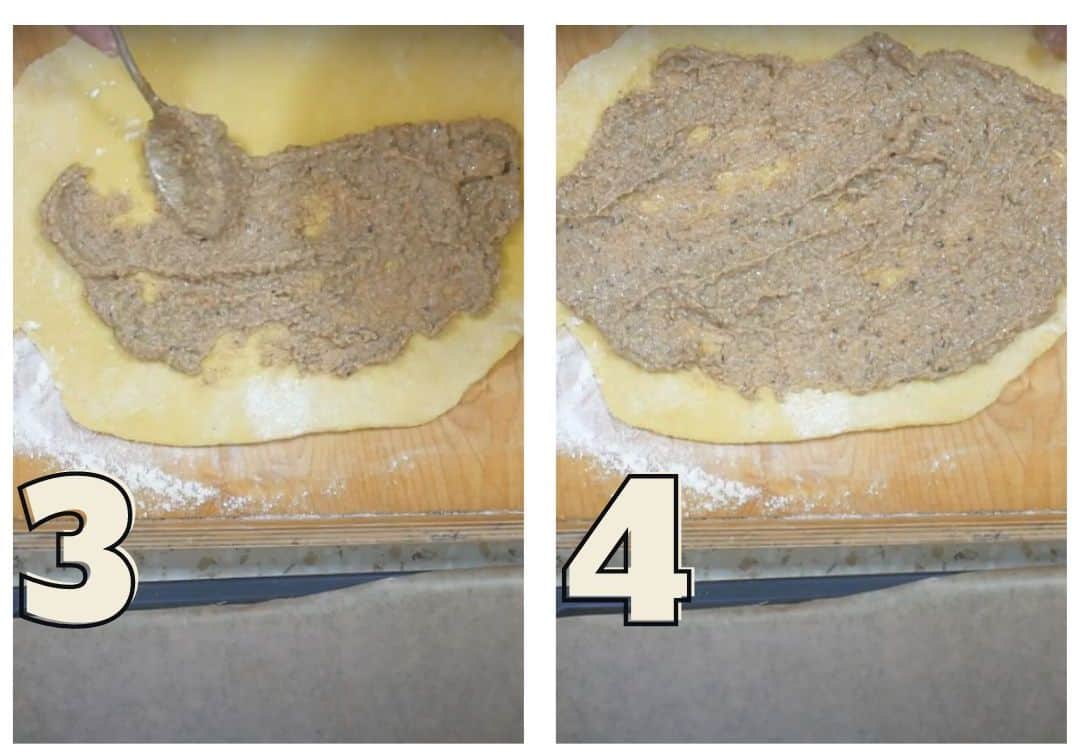 Two images depicting stages in cooking a Polish Nut Roll: Image 3 shows dough being spread with a filling, and Image 4 shows the filling evenly distributed over the dough.