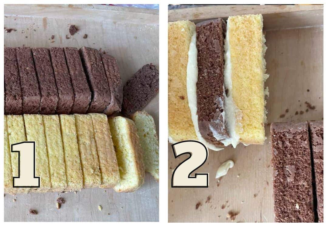 Two images display cut slices of cake. Image 1 shows alternating vanilla and chocolate slices, reminiscent of a traditional Metrowiec recipe. Image 2 shows cake slices with vanilla frosting in between, typical of a Polish cake. Both images have large numbers "1" and "2" respectively.