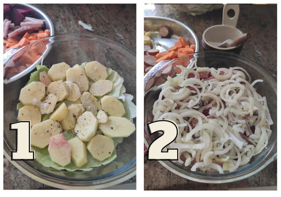 Two side-by-side images showcasing the preparation of Pieczonki, a traditional Polish campfire casserole: Image 1 features a bowl with sliced potatoes and cabbage. Image 2 shows the same bowl now topped with sliced onions, along with other visible ingredients.