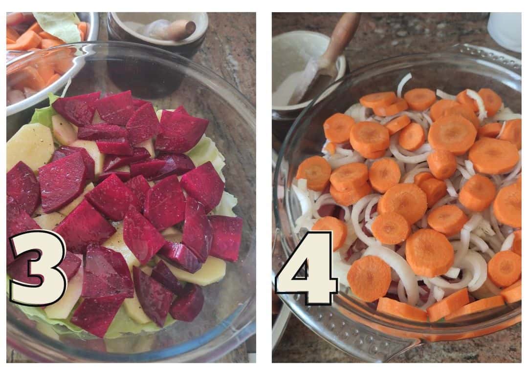 Left: Sliced beets and potatoes in a glass dish. Right: Sliced carrots and onions in a glass dish. Both dishes resemble a traditional Prairie Pieczonki on the kitchen counter.