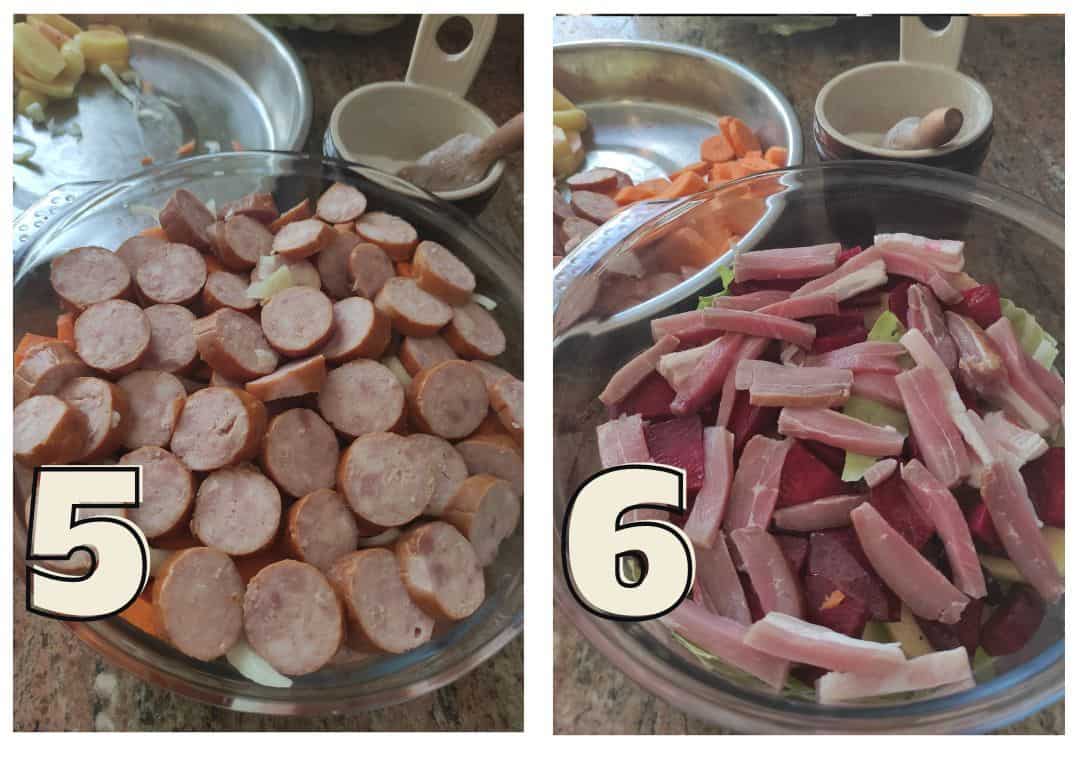 Two images show different food ingredients in bowls. Image 5 contains chopped sausages, onions, and carrots. Image 6 contains chunks of ham, cabbage, and carrots&mdash;perfect for making traditional Polish campfire casseroles like Pieczonki or Prażonki.
