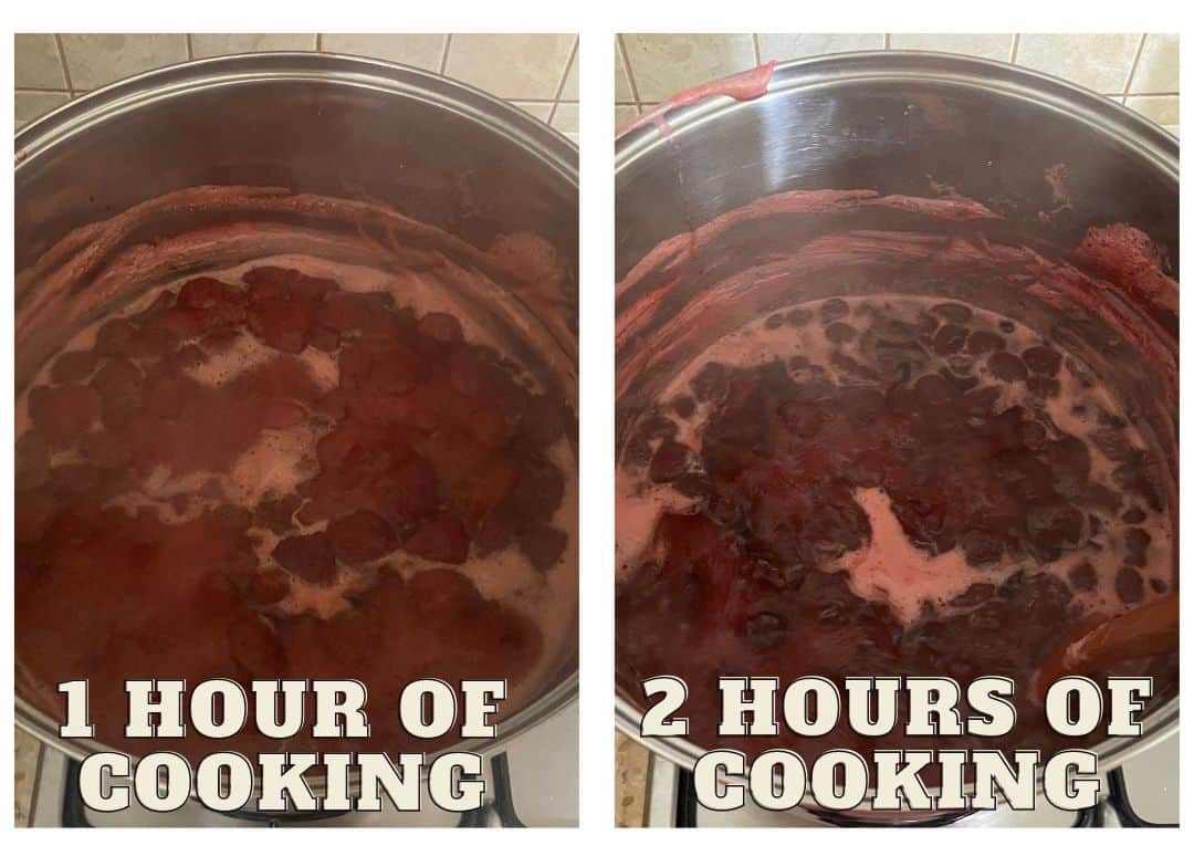 Side-by-side images of a pot on a stove: the left image shows contents after 1 hour of cooking, and the right image shows contents after 2 hours of cooking with noticeable reduction and thickening, perfect for making Dżem Truskawkowy.