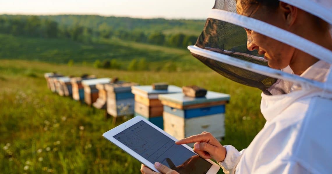 Apicultrice avec une tablette num&eacute;rique