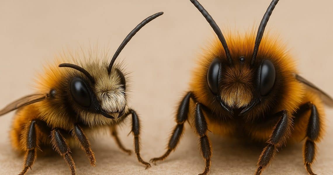 Osmie cornue (Osmia curnuta). Le mâle à gauche, la femelle à droite.