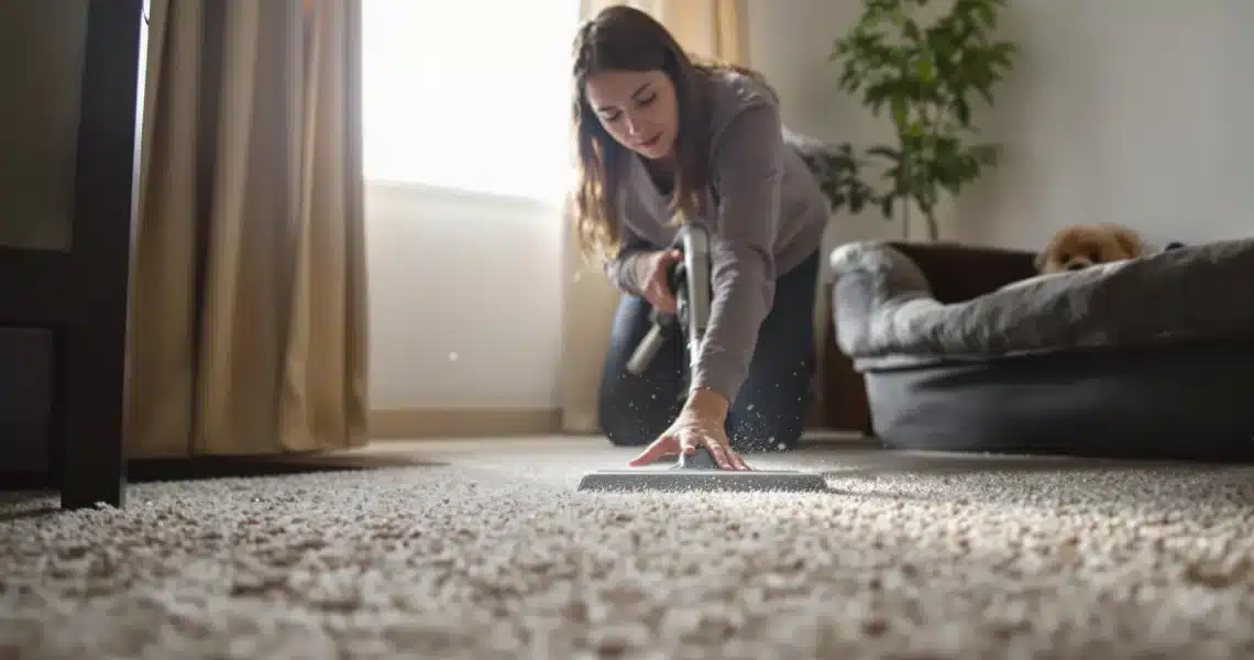 Une femme qui aspire des puces avec un aspirateur