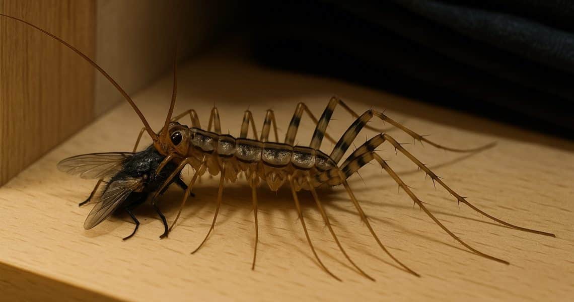 Une scutigère mange une mouche, dans un placard