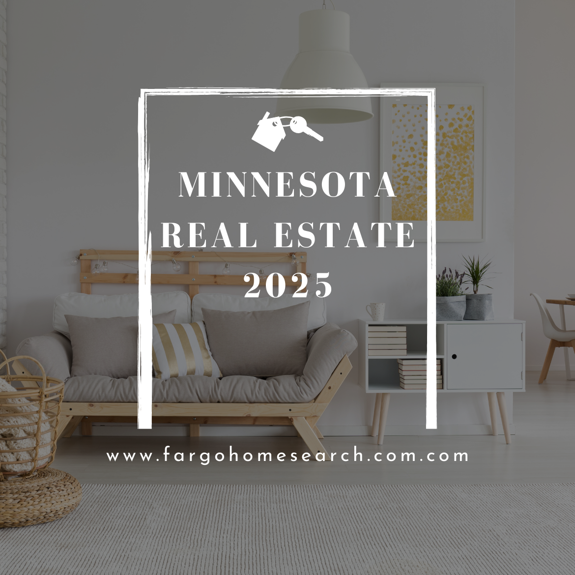 Modern living room with Scandinavian‑style sofa, framed by graphic overlay reading ‘Minnesota Real Estate 2025