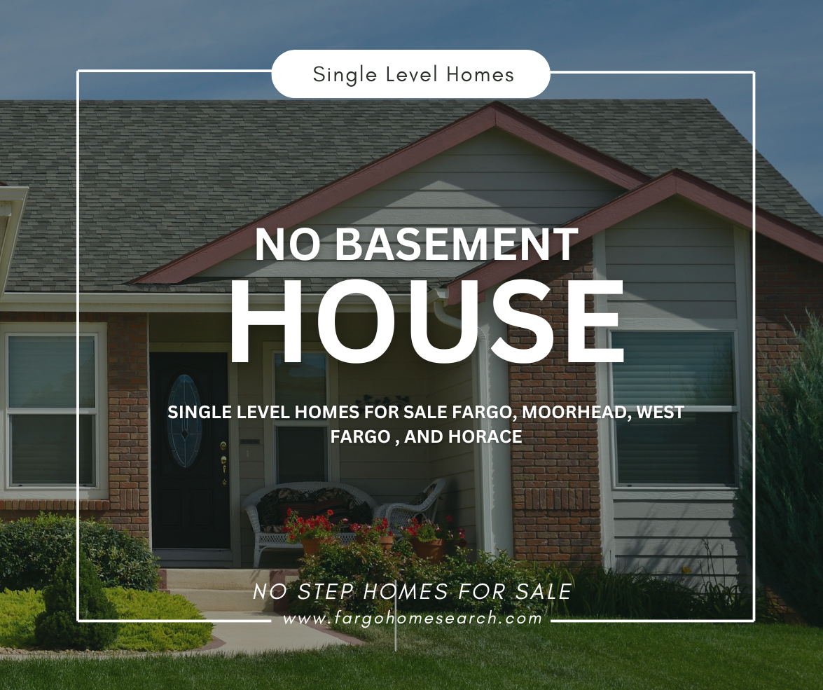 Front exterior of a ranch‑style no‑basement home with a welcoming porch and landscaped yard, illustrating single‑level homes for sale in Fargo, Moorhead, West Fargo, and Horace.