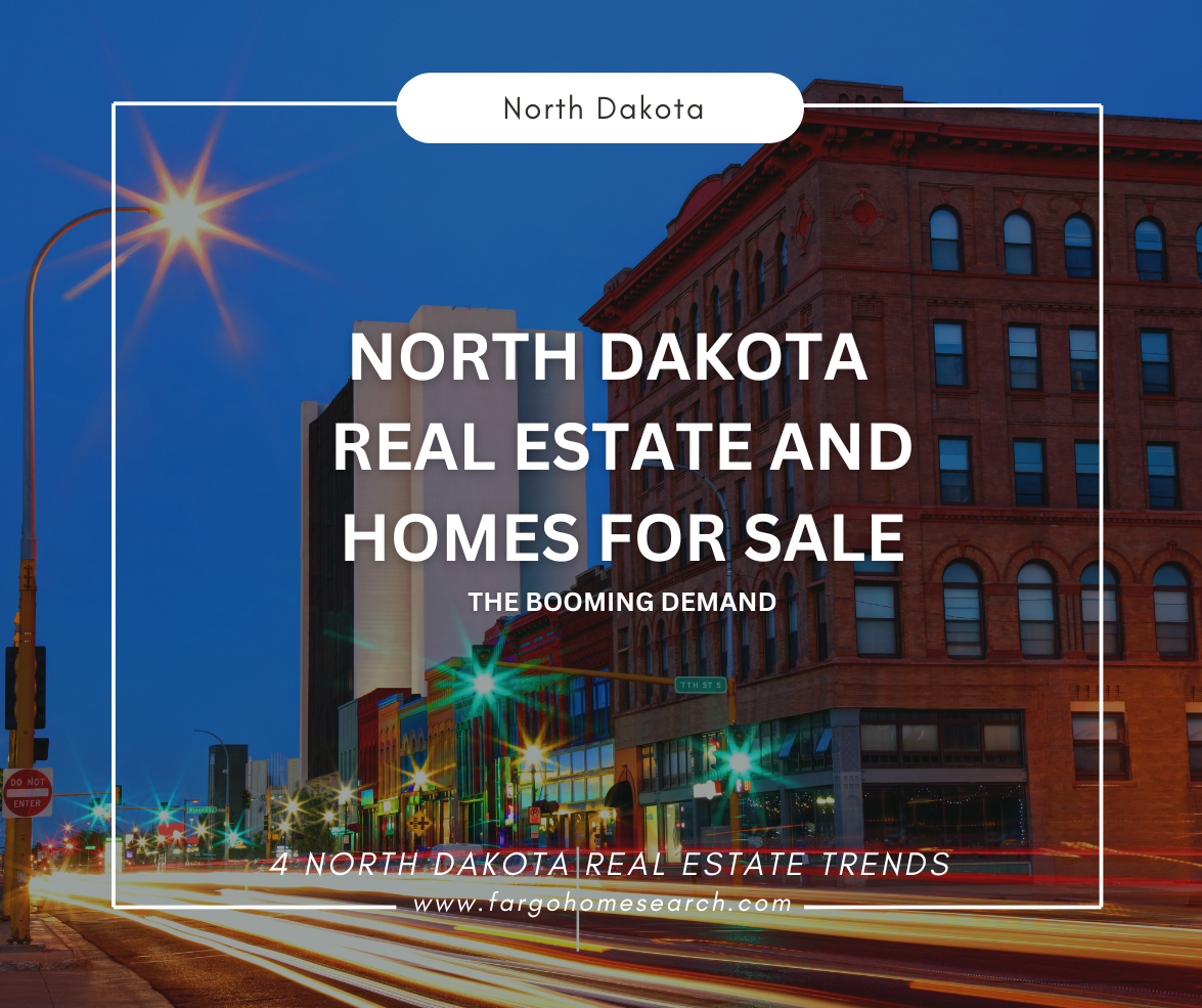 Nighttime streetscape of downtown Fargo with historic brick buildings and light trails, overlaid with the text “North Dakota Real Estate and Homes for Sale – The Booming Demand.