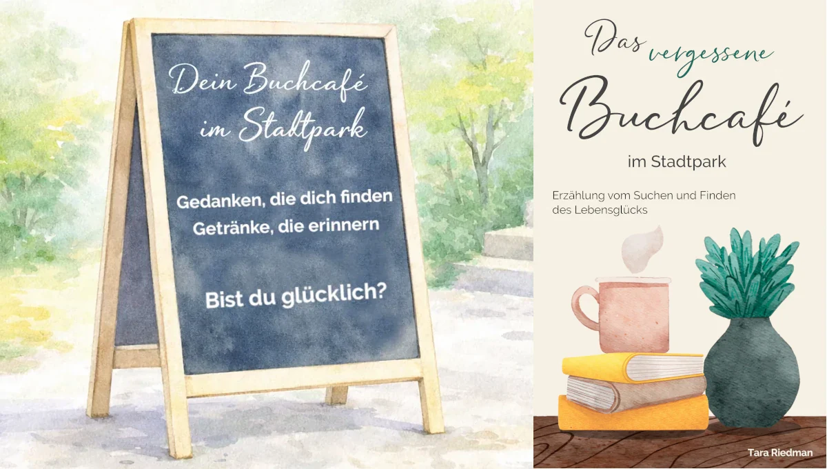 Aquarellillustration eines Aufstellers im Stadtpark mit der Aufschrift &bdquo;Dein Buchcaf&eacute; im Stadtpark: Gedanken, die dich finden, Getr&auml;nke, die erinnern. Bist du gl&uuml;cklich?&ldquo; Daneben das Cover des dazugeh&ouml;rigen Buches.
