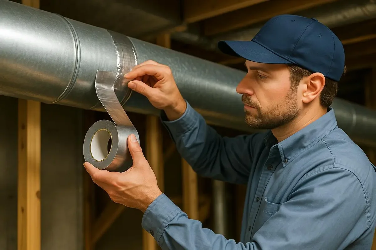Man sealing air duct with tape in basement