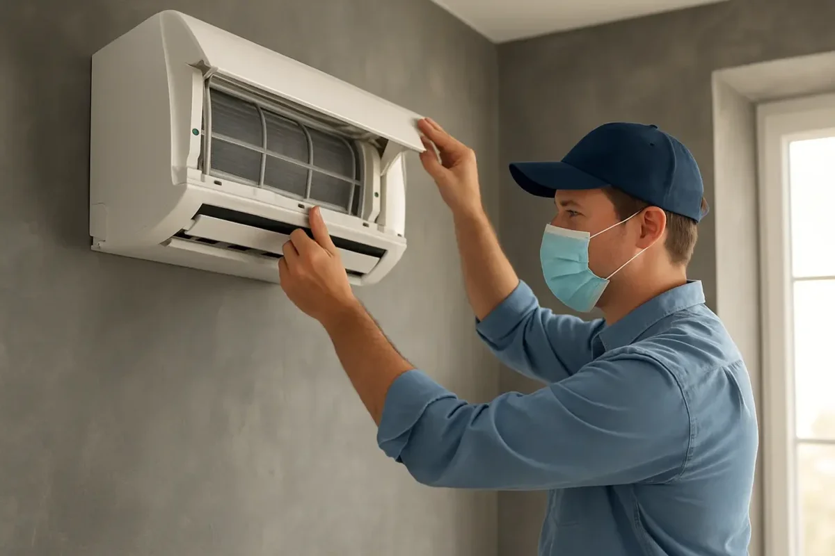 Energy-efficient technician servicing wall AC unit to reduce electricity consumption.