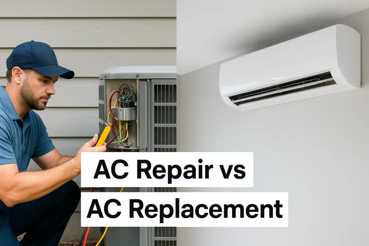 AC repair vs AC replacement comparison — technician checking system efficiency