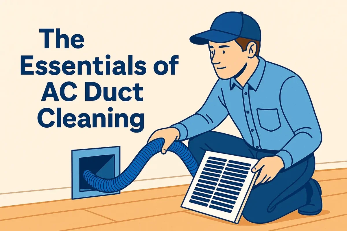 Illustration of technician performing clean AC duct service with tools.