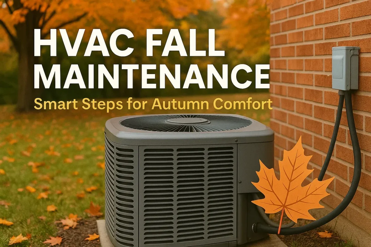 HVAC unit with fall leaves around it, symbolizing seasonal HVAC fall maintenance and preparation for colder weather.