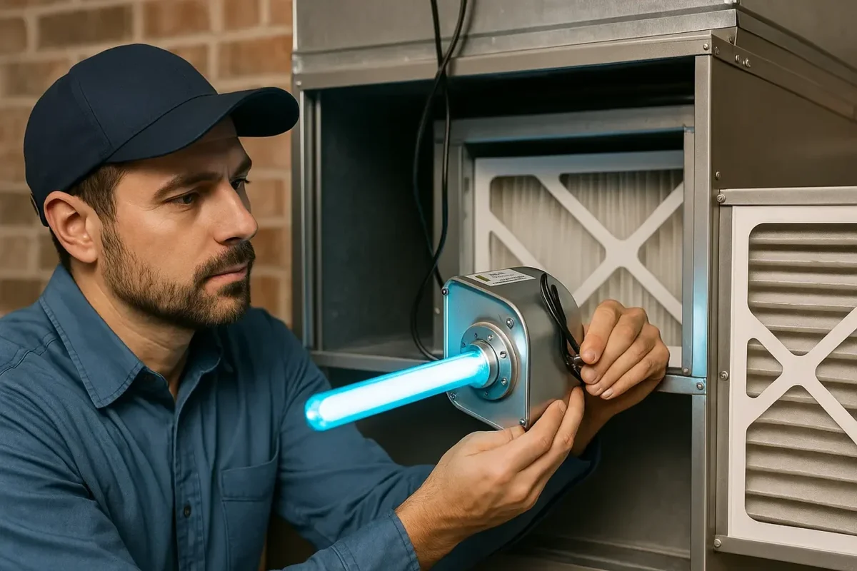 Technician installing HVAC UV light system to improve indoor air quality and efficiency