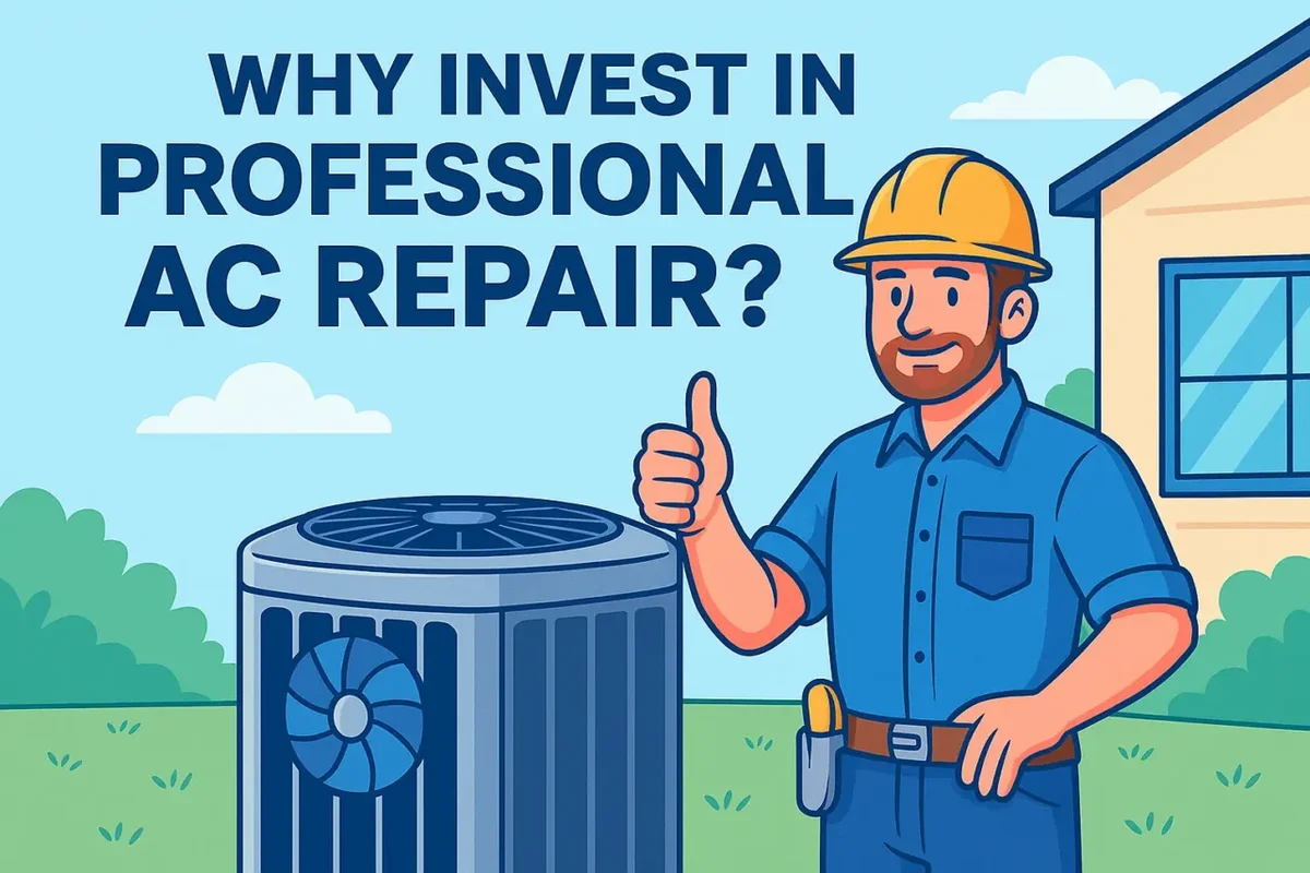 Professional AC repair benefits illustration showing technician, tools, and system efficiency.