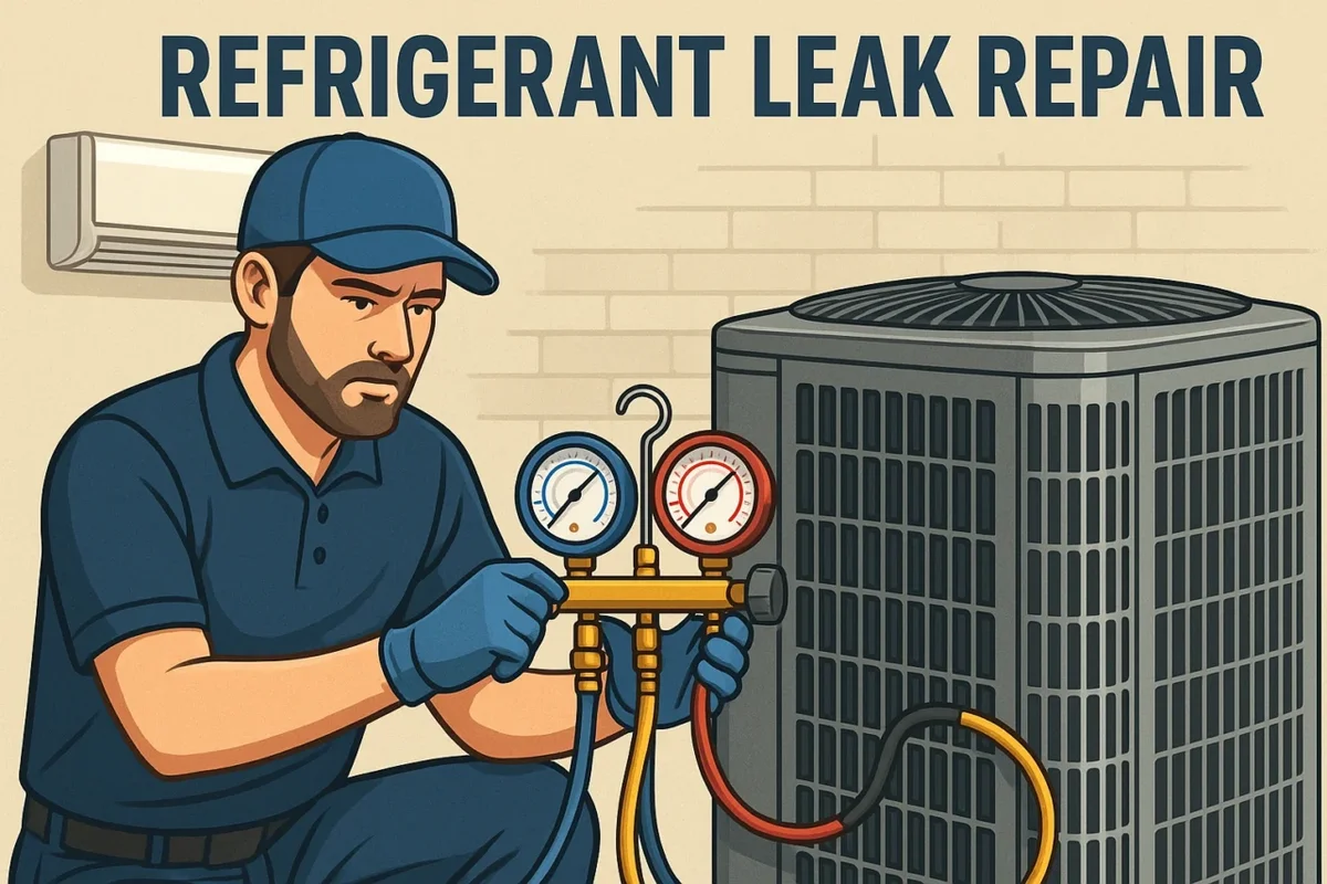 Technician checking an HVAC unit for refrigerant leak repair to ensure system efficiency and cooling performance.