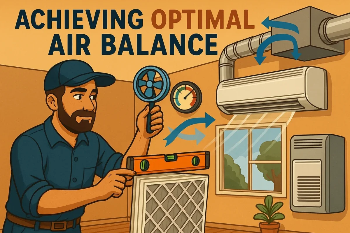 Technician assessing HVAC system for air balance.