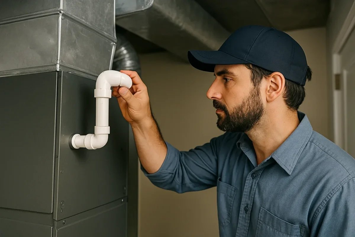 Technician cleaning a clogged AC drain line near an air handler unit to improve cooling efficiency.