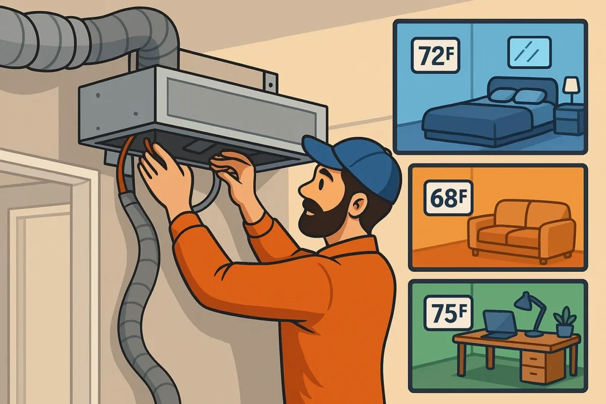 Technician adjusting a zoned HVAC air handler system with multiple room thermostats in a modern home