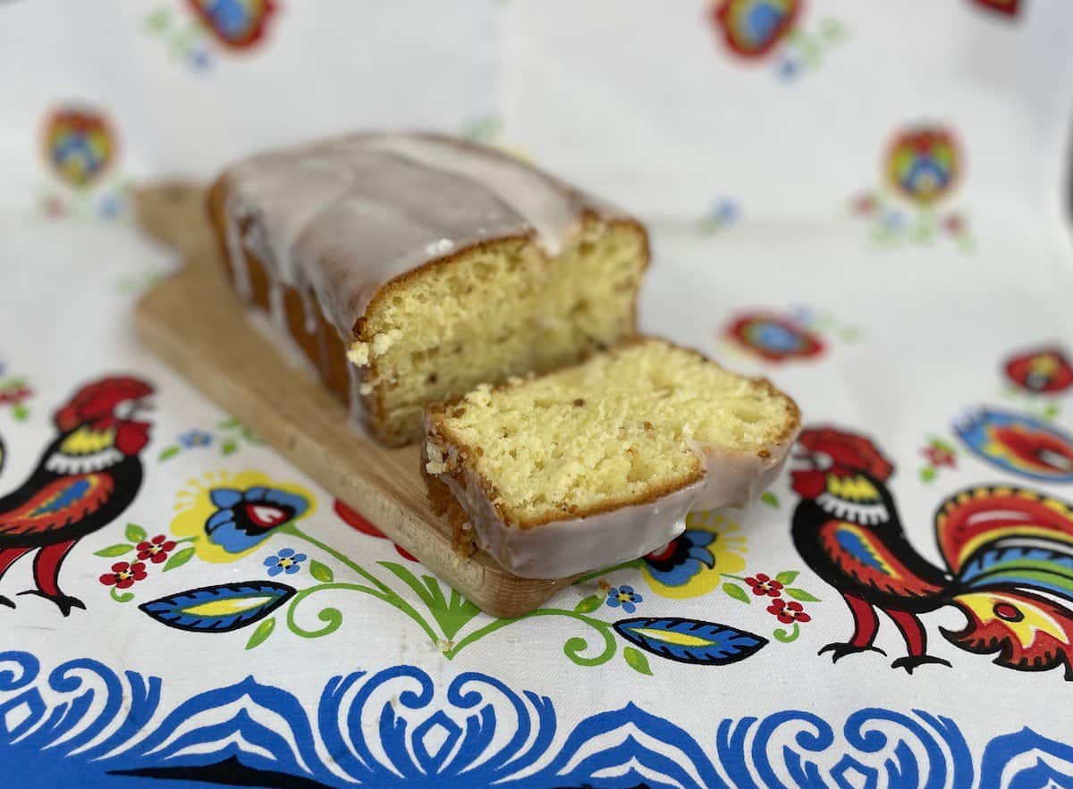 Polish cheese babka with frosting.