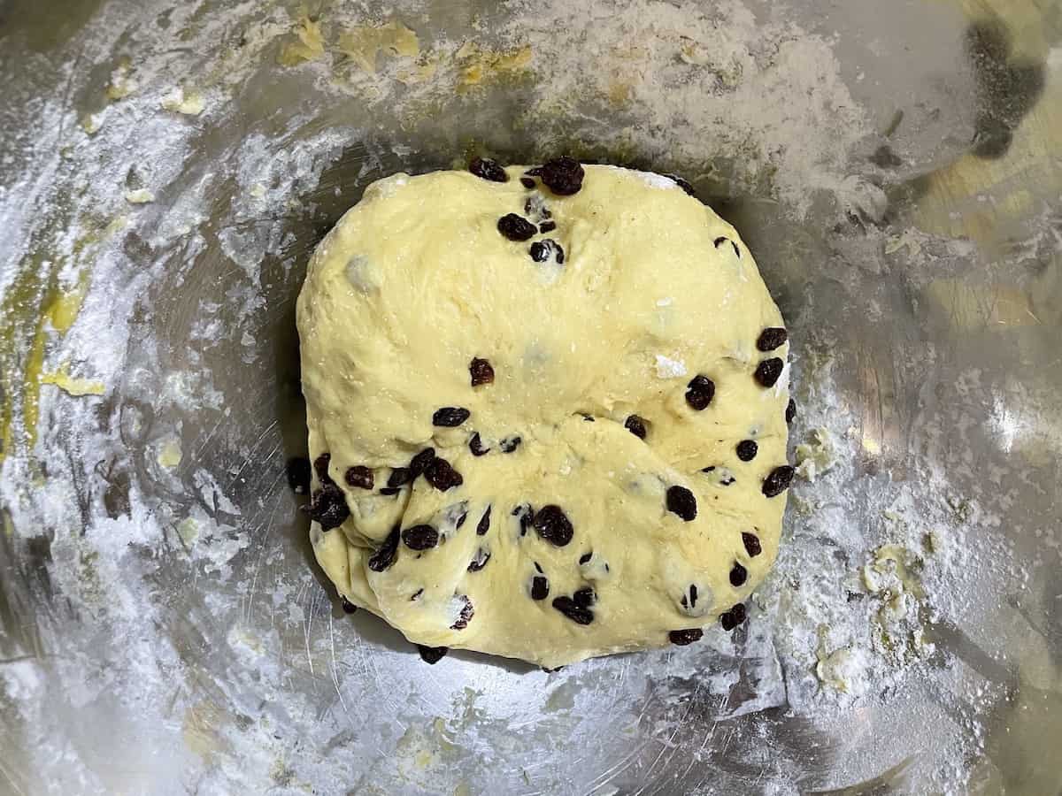 Dough mixed with raisins.