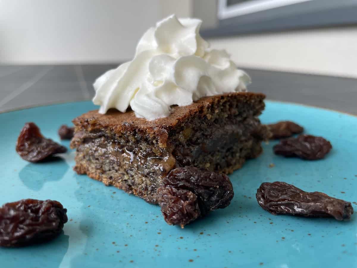 A poppy seed cake with whipped cream and raisins on a blue plate.