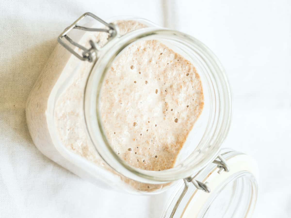 Active rye sourdough starter in a rustic jar