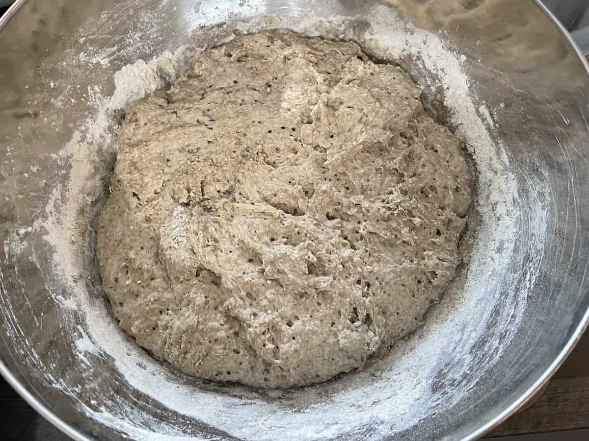 Sourdough bread dough in a bowl.