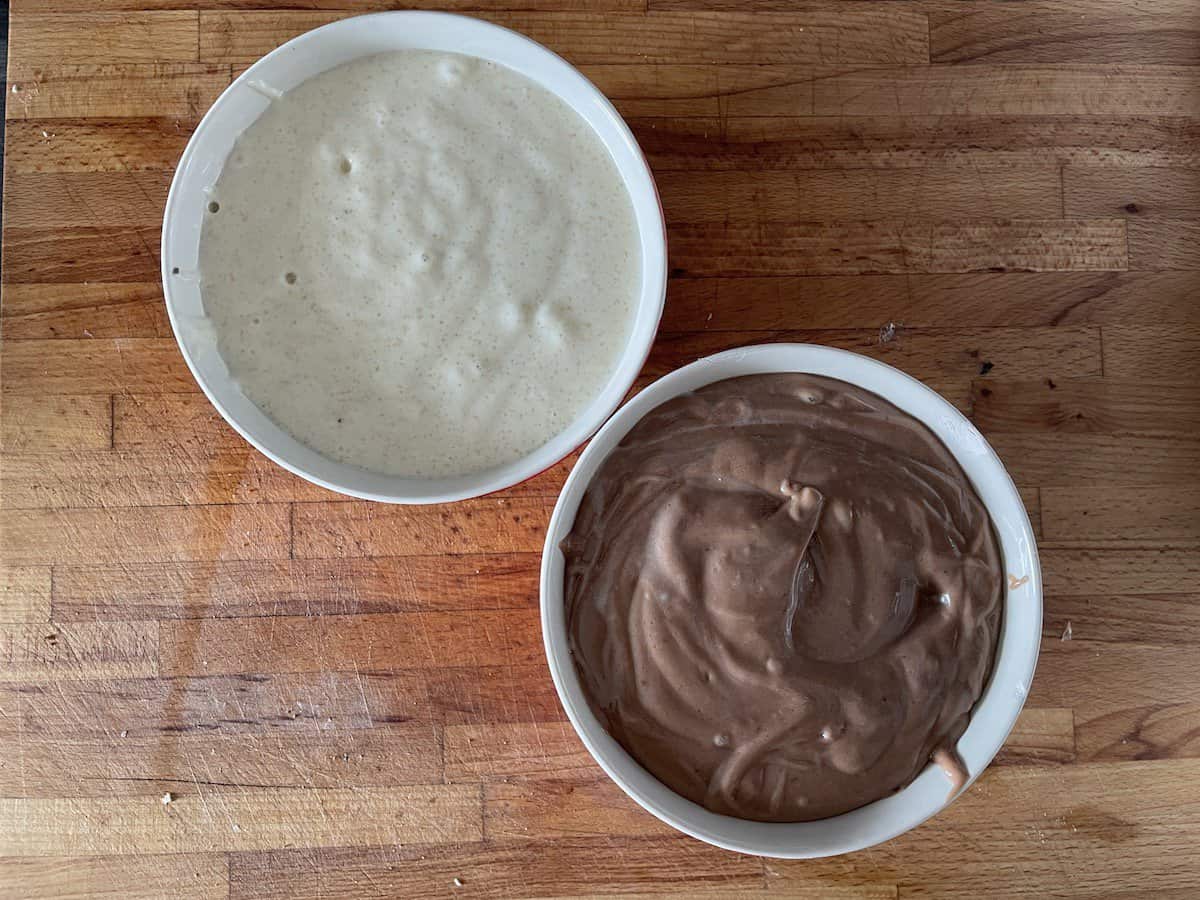 The white and the dark dough for vegan chocolate babka.