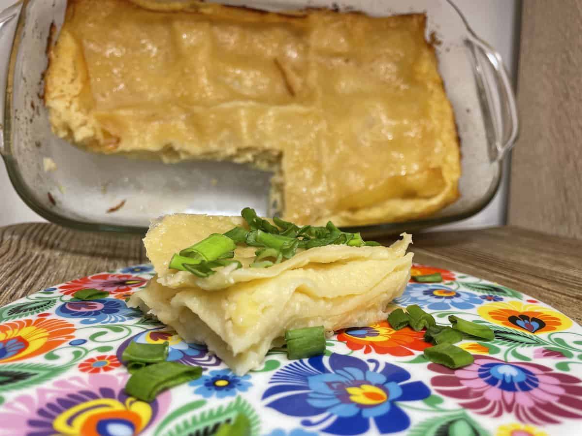 Polish pierogi lasagna is ready to serve.