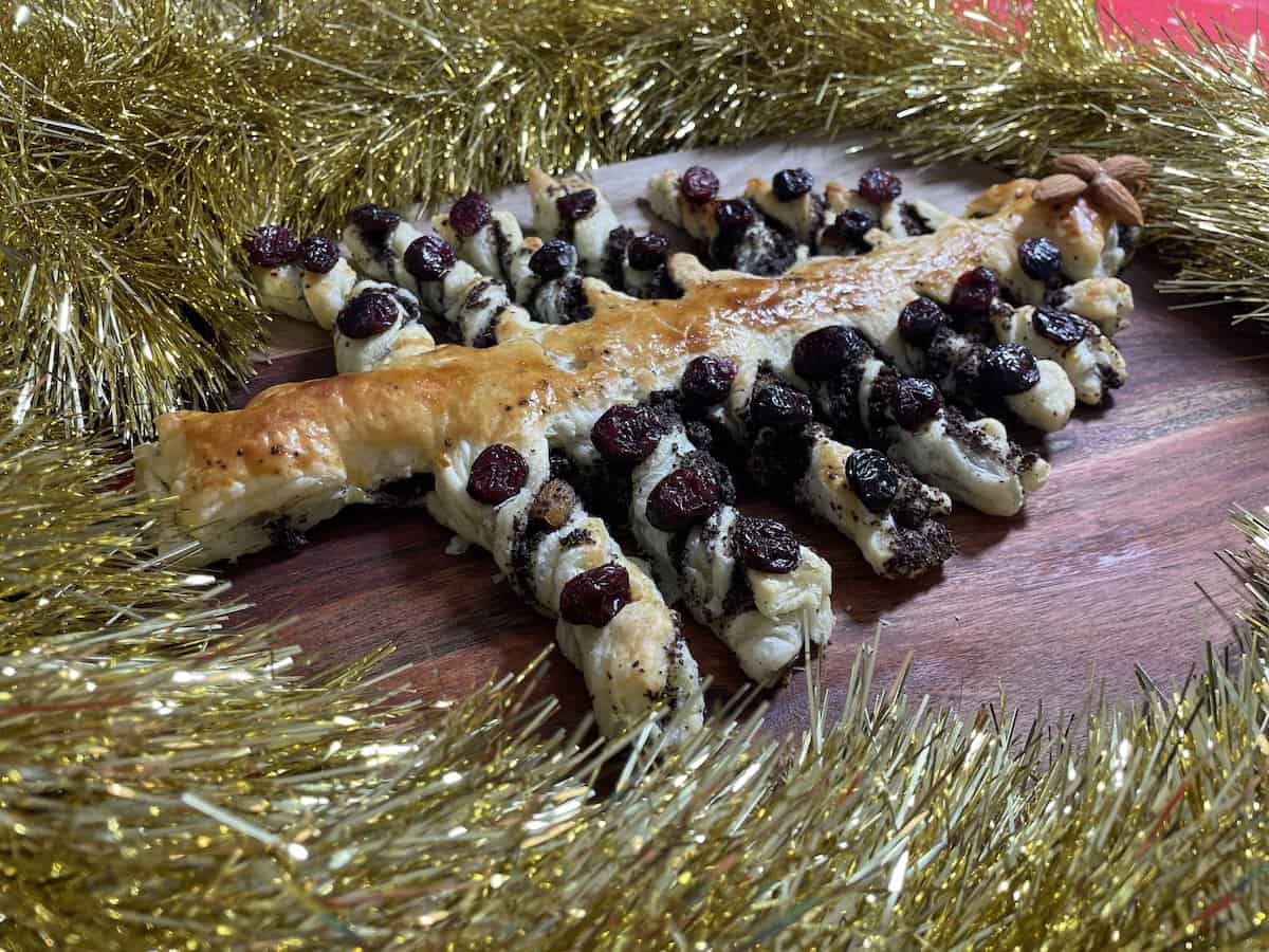 Decorate the poppyseed Christmas tree cake.