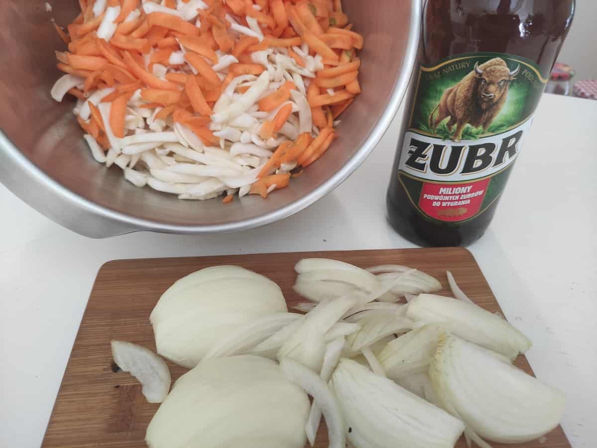Chopped carrots, celery roots, onions and beer.